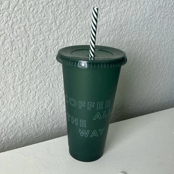 3/$24 Starbucks "Coffee All The Way" Green Reusable Cold Cup & Candy Cane Straw - Picture 1 of 5